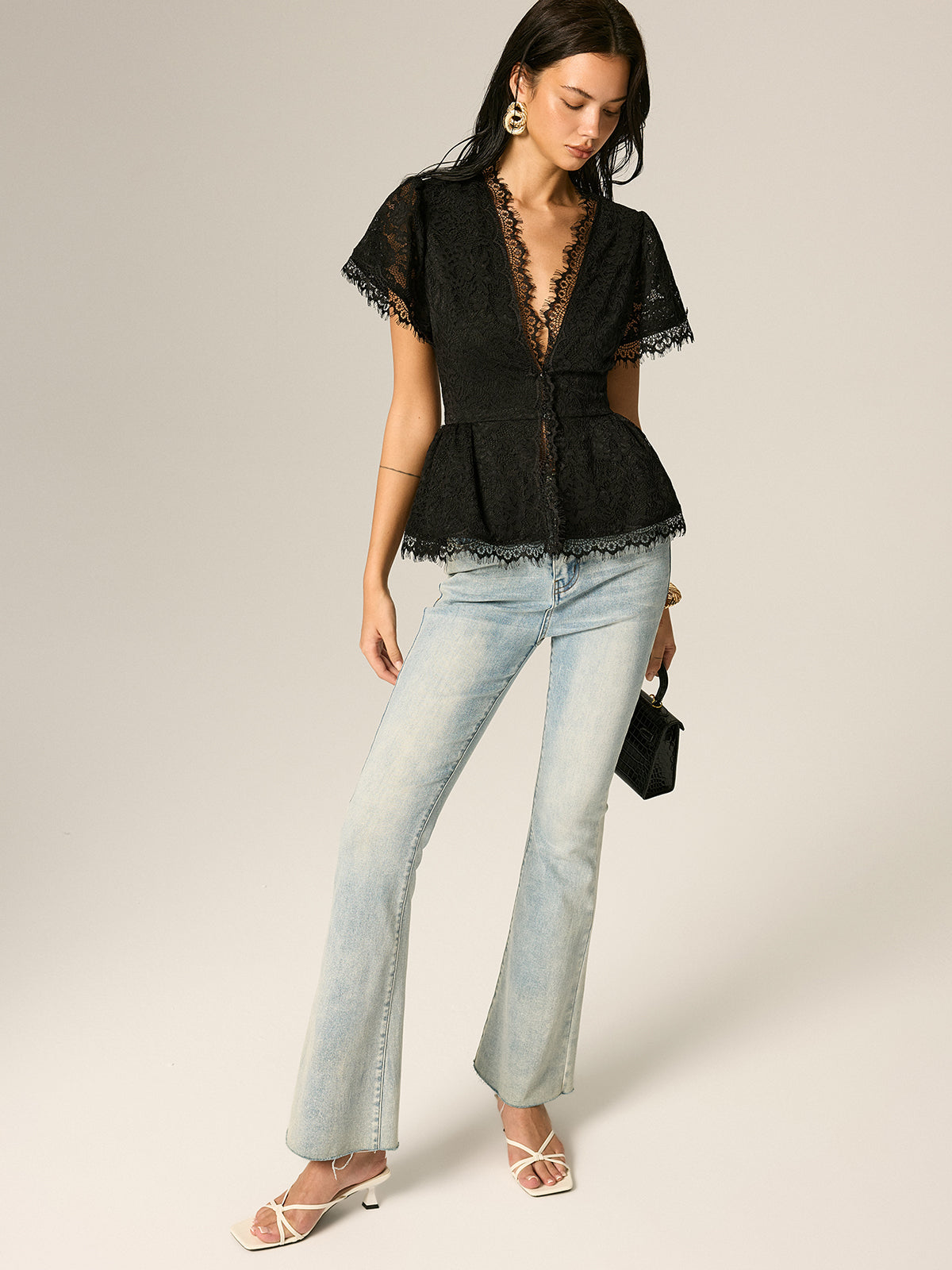 V-Neck Fringe Lace Peplum Short Sleeve Top with Elegant Detailing