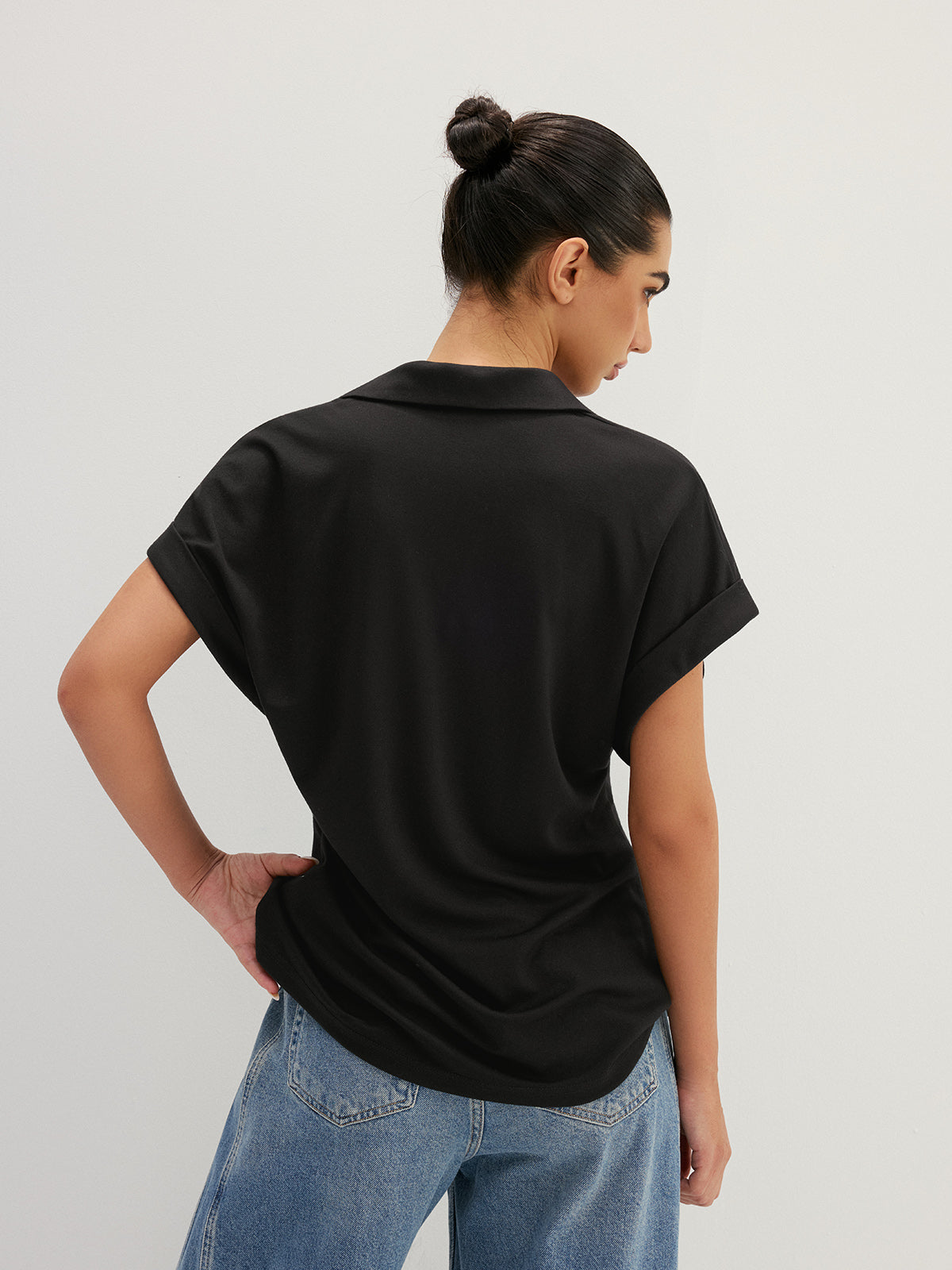 Hollow Out Collared V Neck Short Sleeve Top Casual Women's Fashion