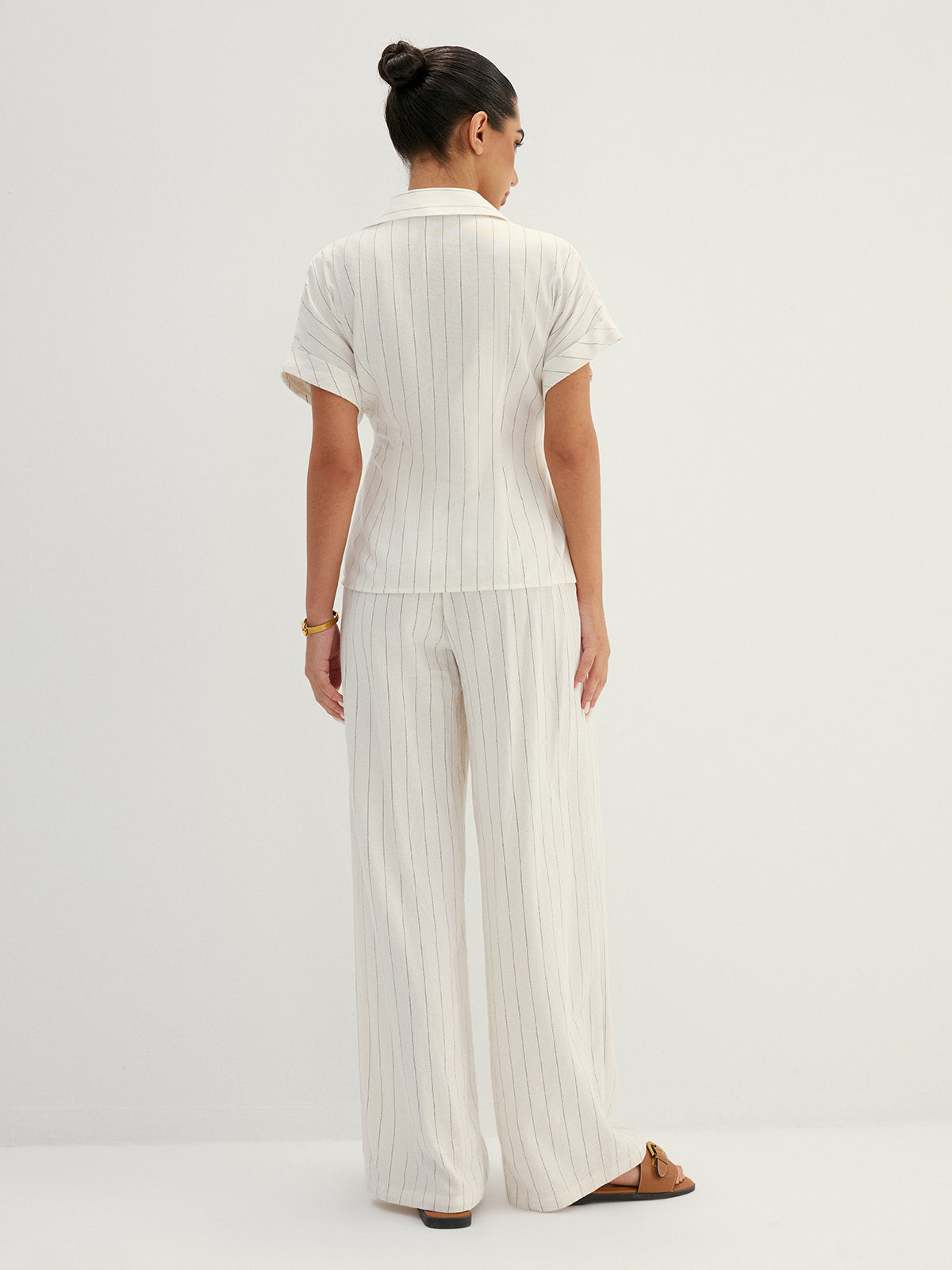 Striped Tie Waist Shirt & Wide Leg Pant Set with Belt Closure