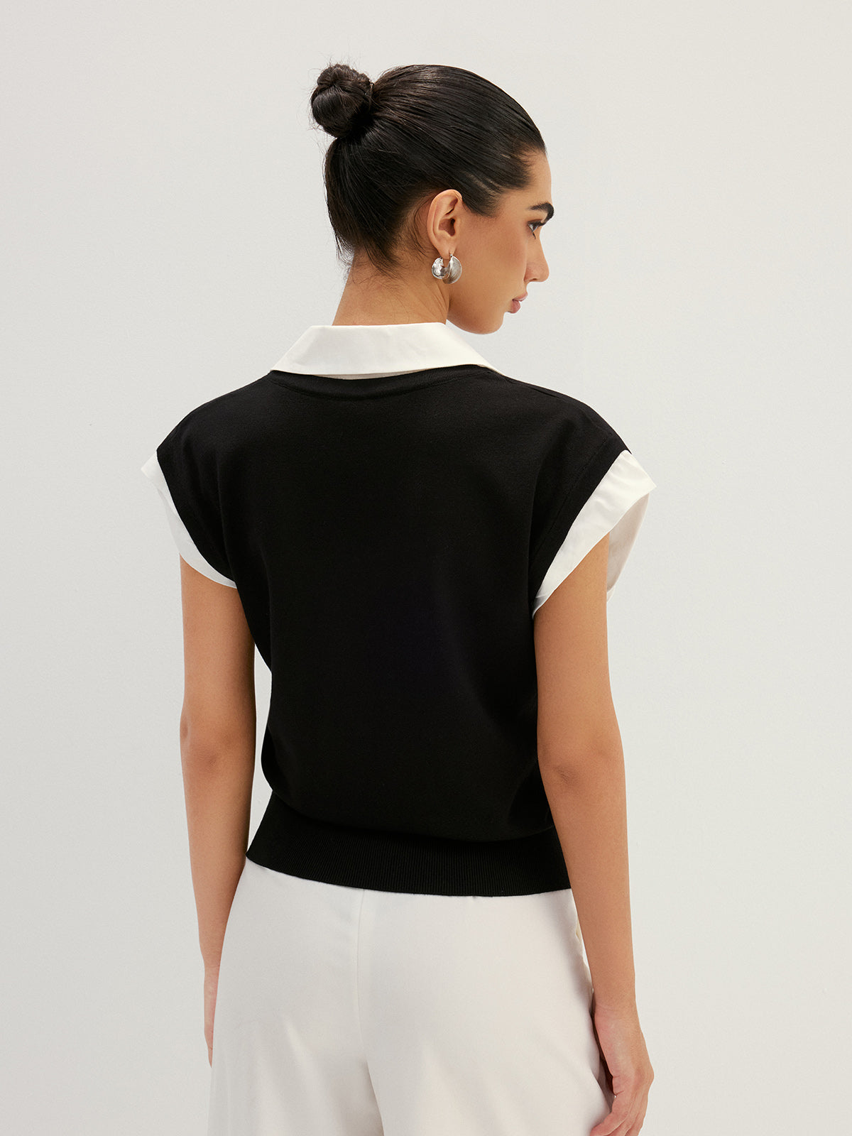 Fake Two Piece Knit Collared Blouse, Casual Layered Office Top Style