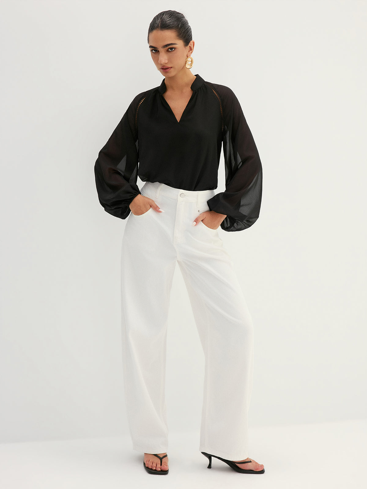 Hollow Out Sheer Sleeve Blouse Elegant Casual Top for Women