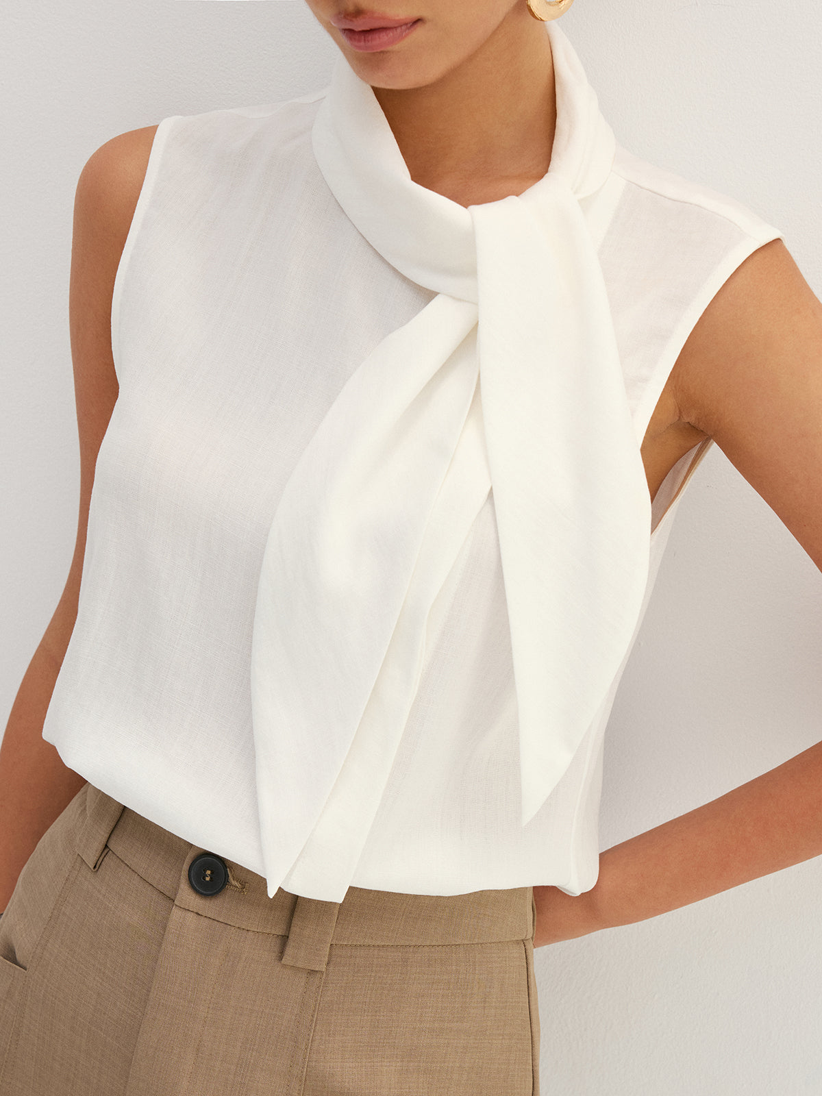 Tie Neck Sleeveless Tencel Blouse for Women Summer Casual Wear