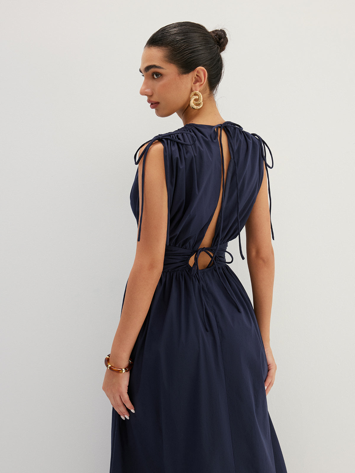 Drawstring Shoulder Lace Panel Midi Dress with Flared Sleeves and V-Neck