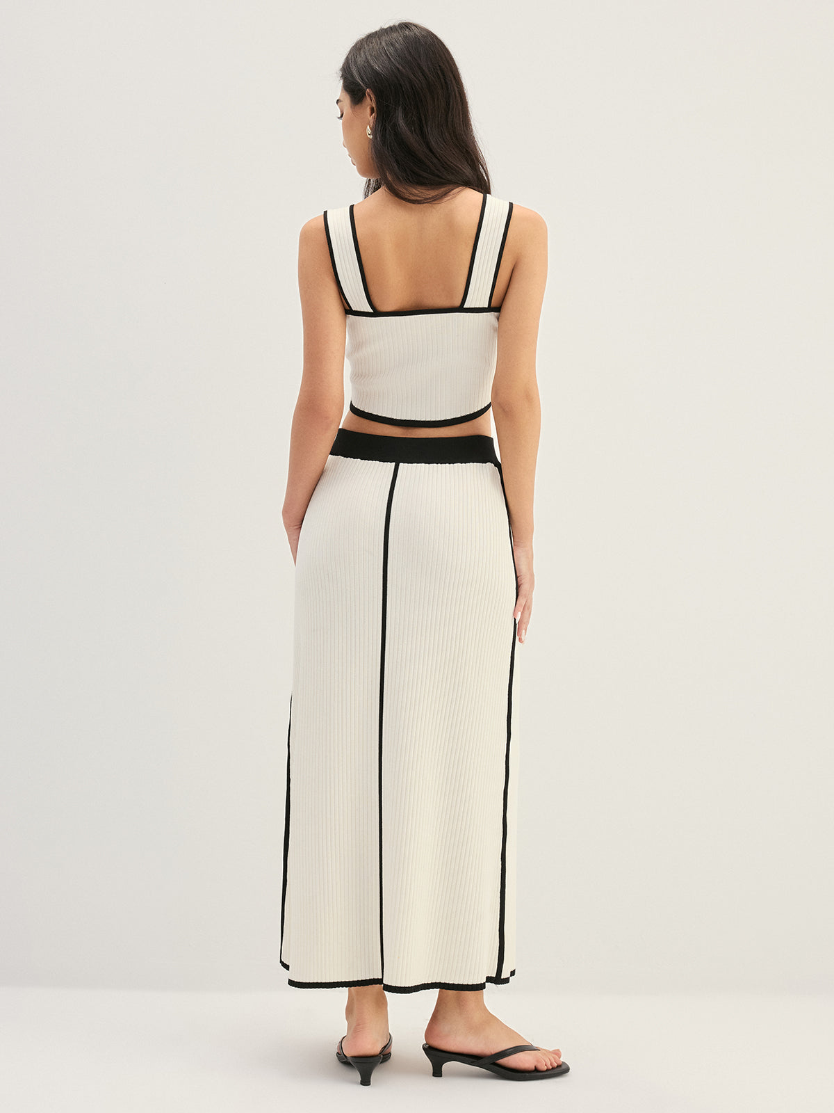 Contrast Trim Rib Knit Elegant Two Piece Skirt Set for Women