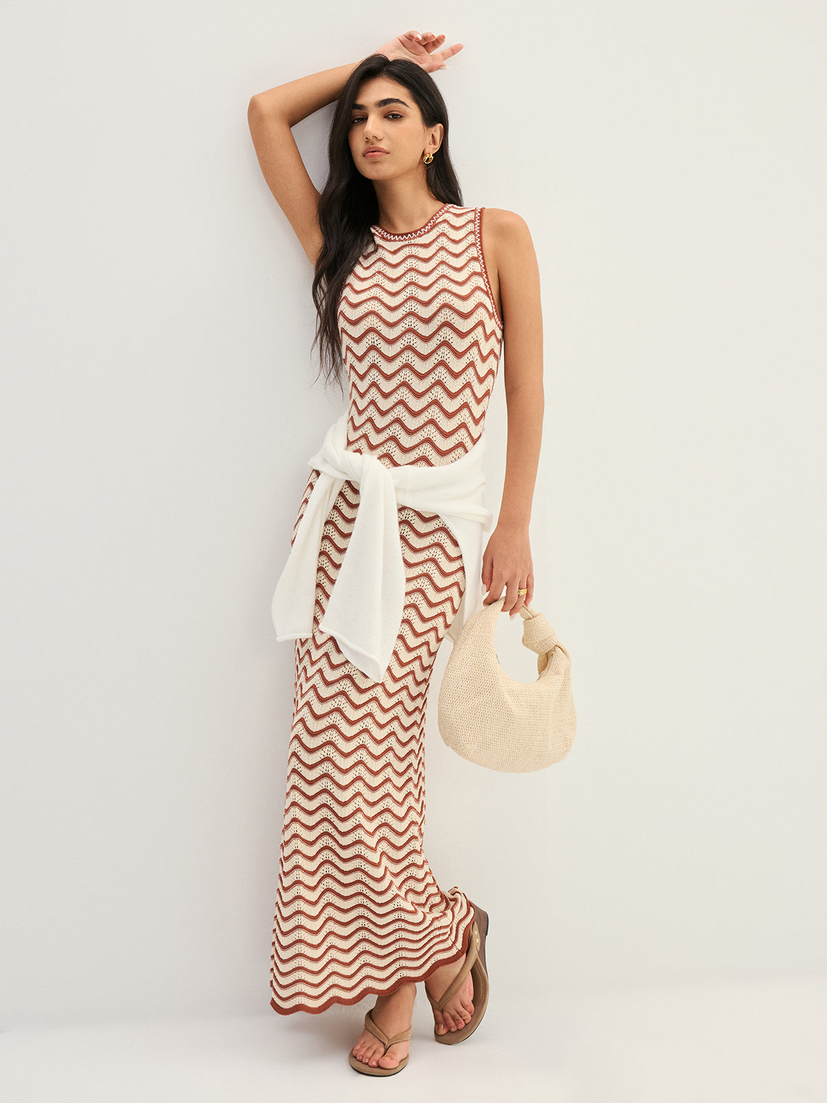 Wavy Stripe Knit Sleeveless Mermaid Maxi Dress Elegant Party Evening Gown