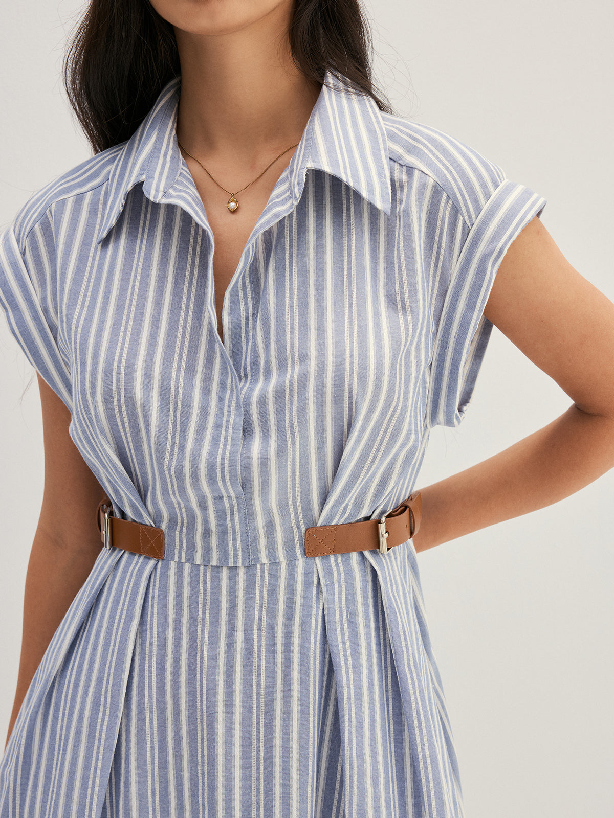 Striped Buckle Detail Cotton Shirt Dress with Belted Waist