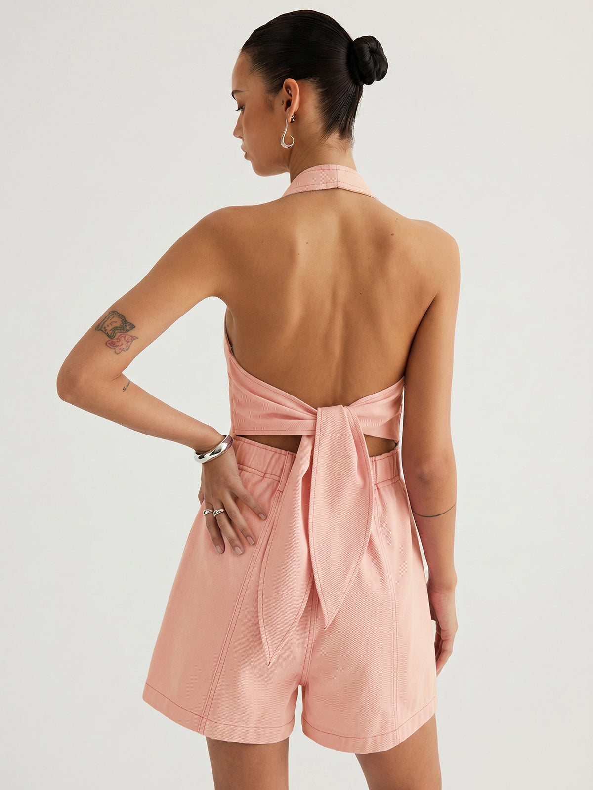 Cotton Halter V-Neck Tie-Back Romper Stylish Summer Outfit for Women