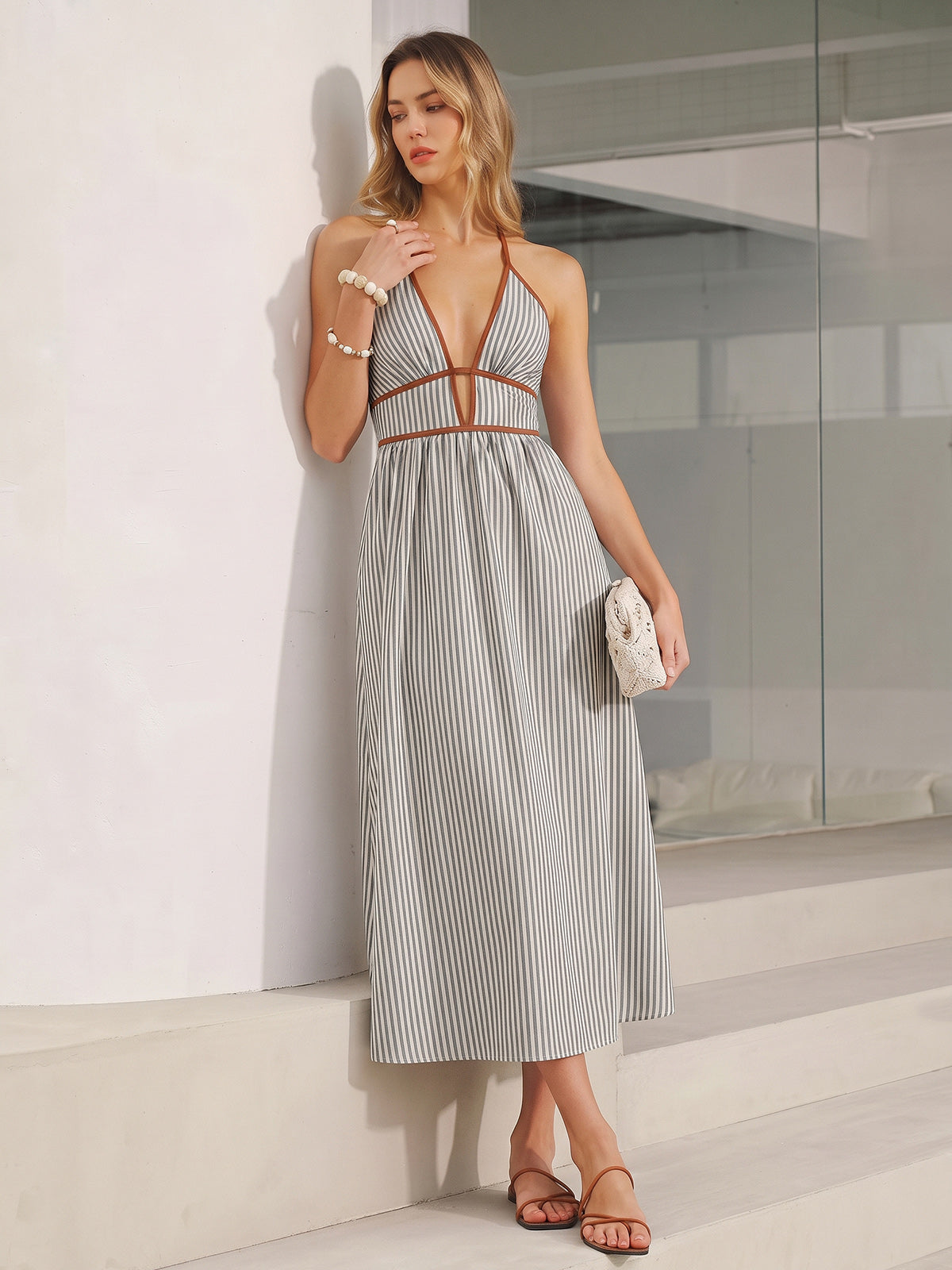 Deep V Neck Halter Striped Midi Dress for Women Casual Summer
