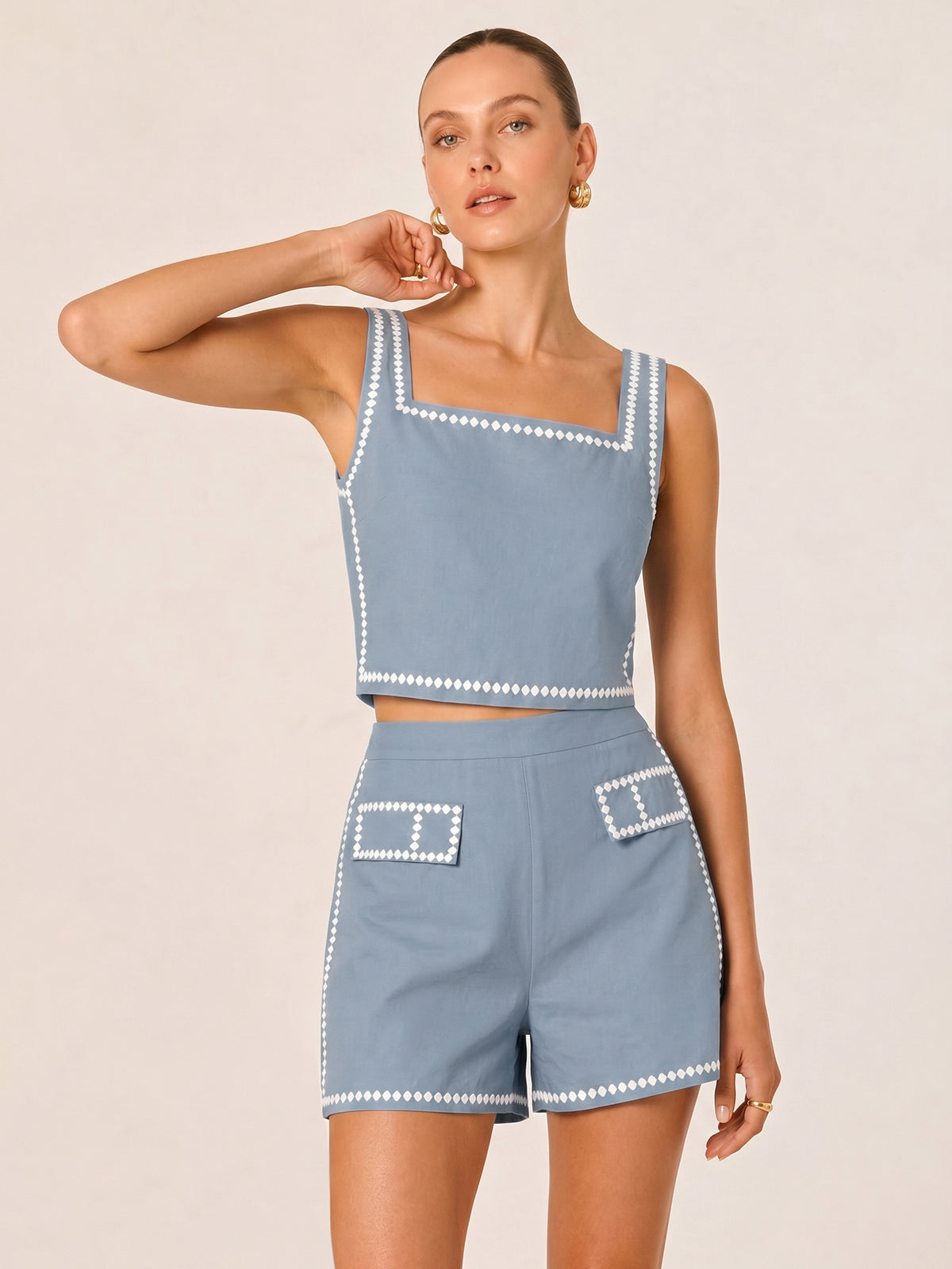 Square Neck Embroidered Top & Shorts Set with Floral Design
