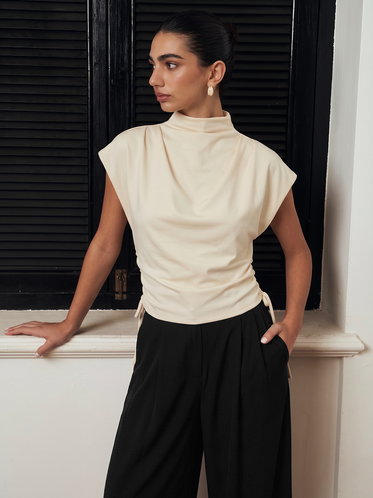 Draped Side Drawstring Cap Sleeve Top Women's Casual Blouse