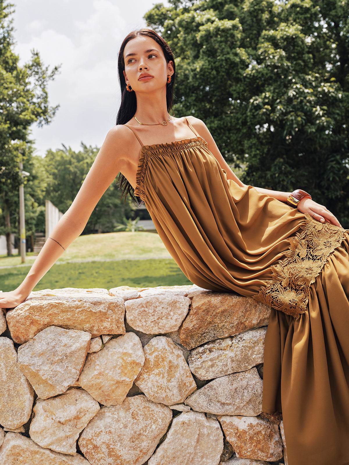 Floral Lace Panel Tiered Maxi Slip Dress for Women, Elegant Evening Wear