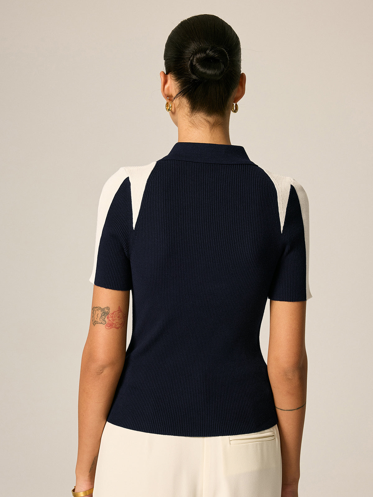 Color Block Polo Ribbed Knit Top for Women Casual Wear