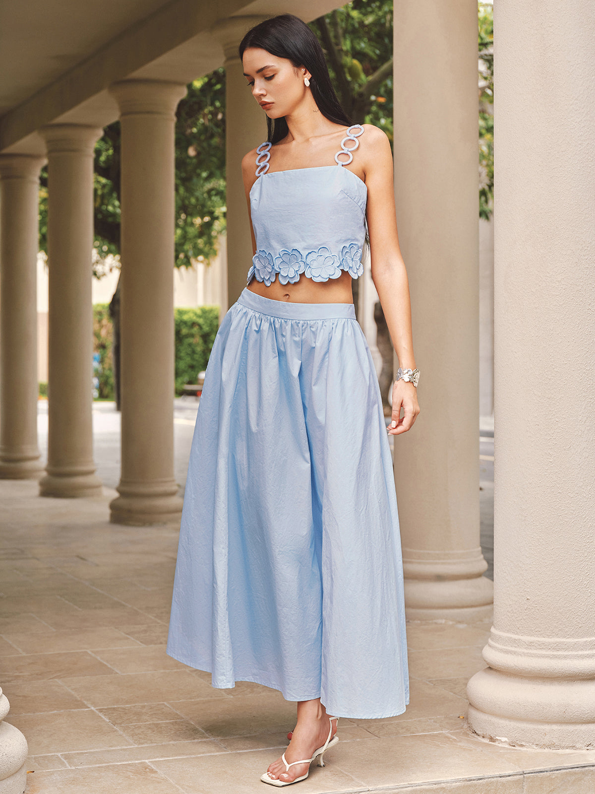 3D Flower Ring Strap Top & Pocketed Skirt Set for Women with Floral Accents