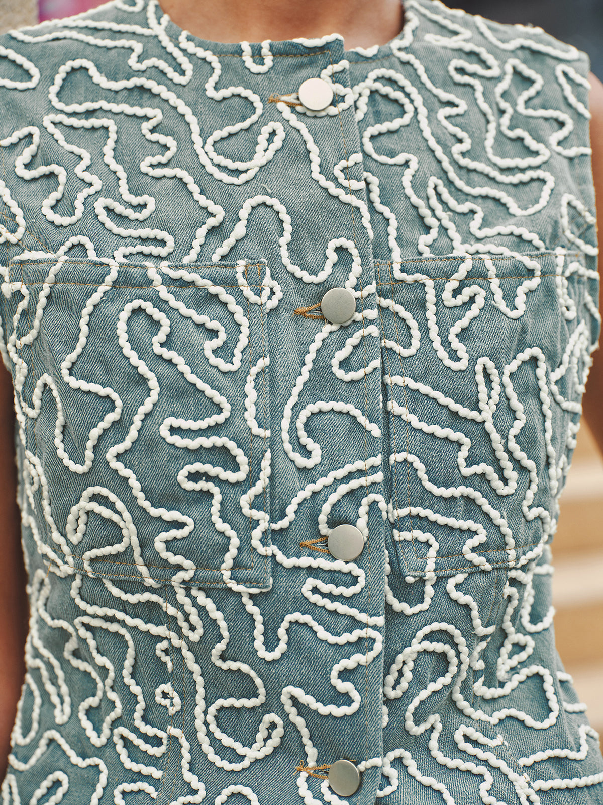 Cord Embroidery Sleeveless Denim Vest for Women Casual Summer Style