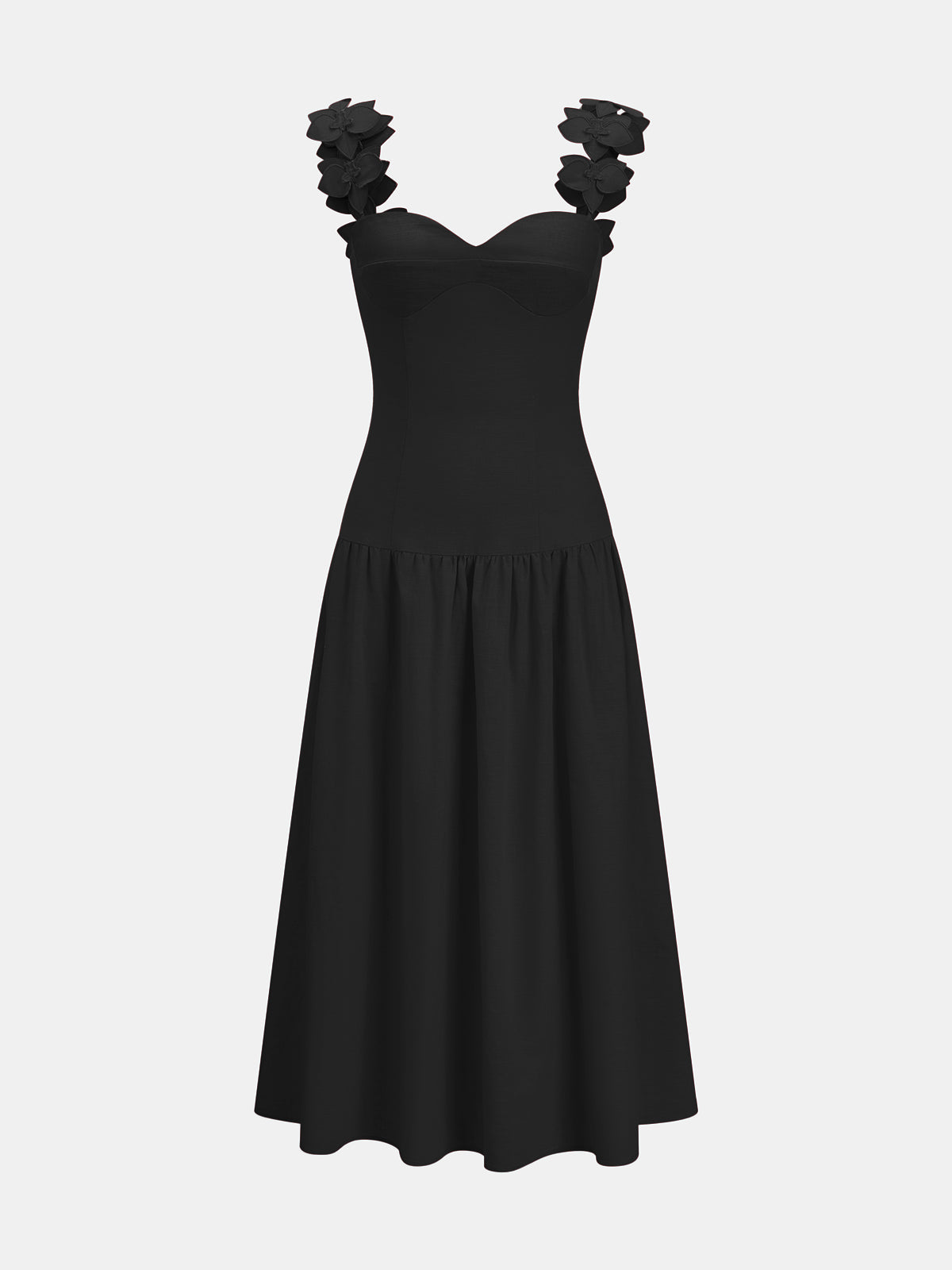 Flower Strap Cotton Linen Midi Dress With Back Zip Closure