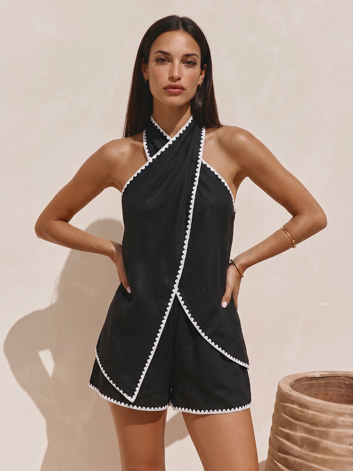 Scallop Trim Linen Blend Two Piece Shorts Set for Women Summer Casual
