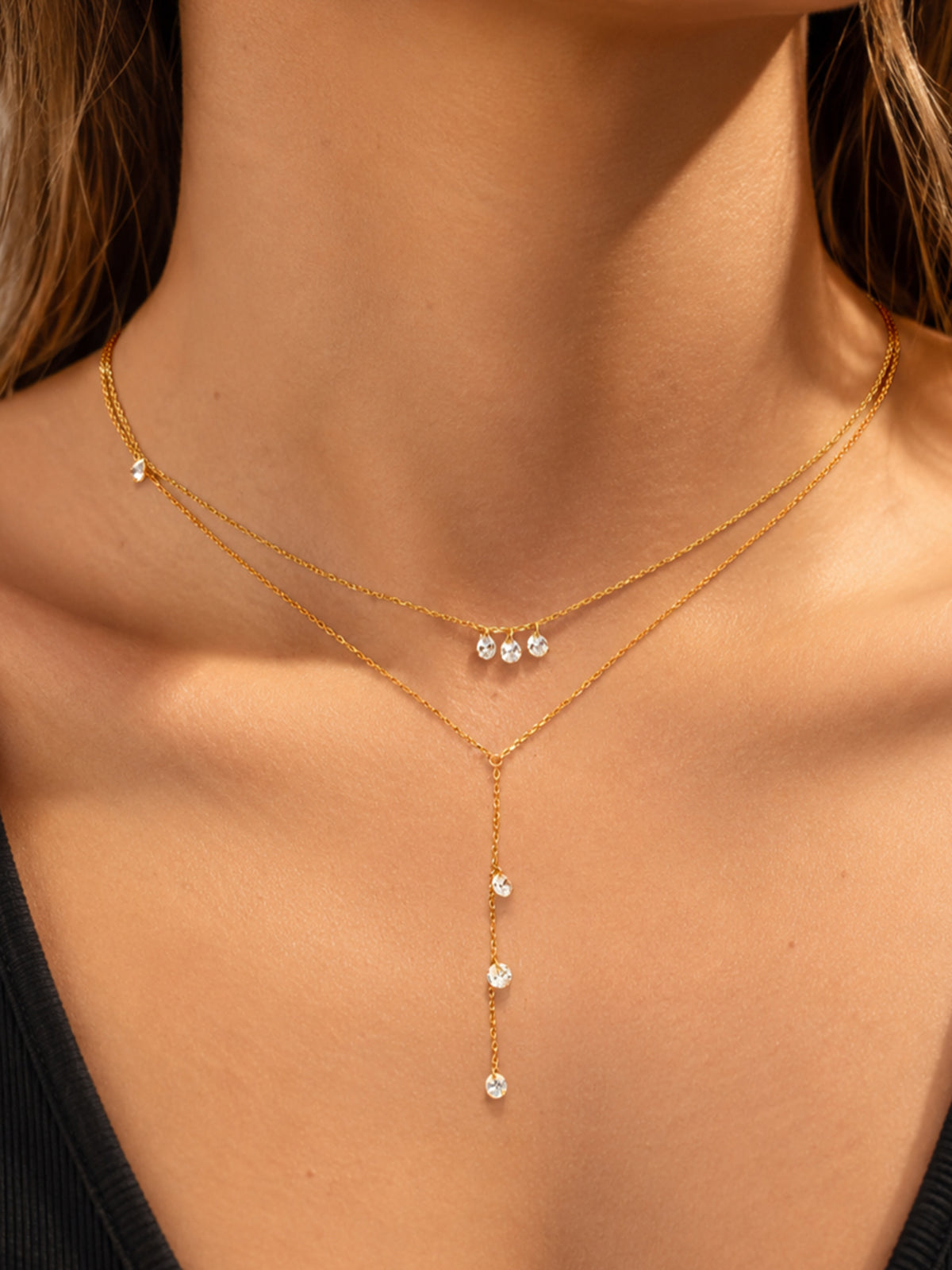 Double Layer Dainty Crystal Y Drop Necklace, Elegant Adjustable Lariat Style