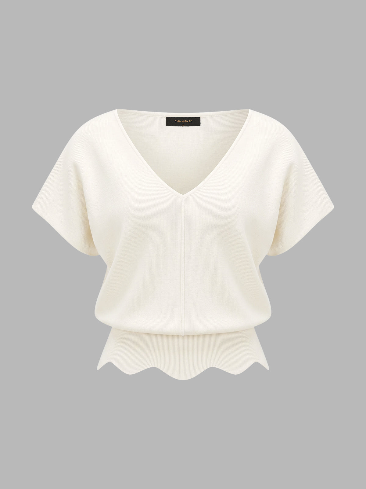 V-Neck Scalloped Hem Knit Top Women's Casual Pullover Sweater
