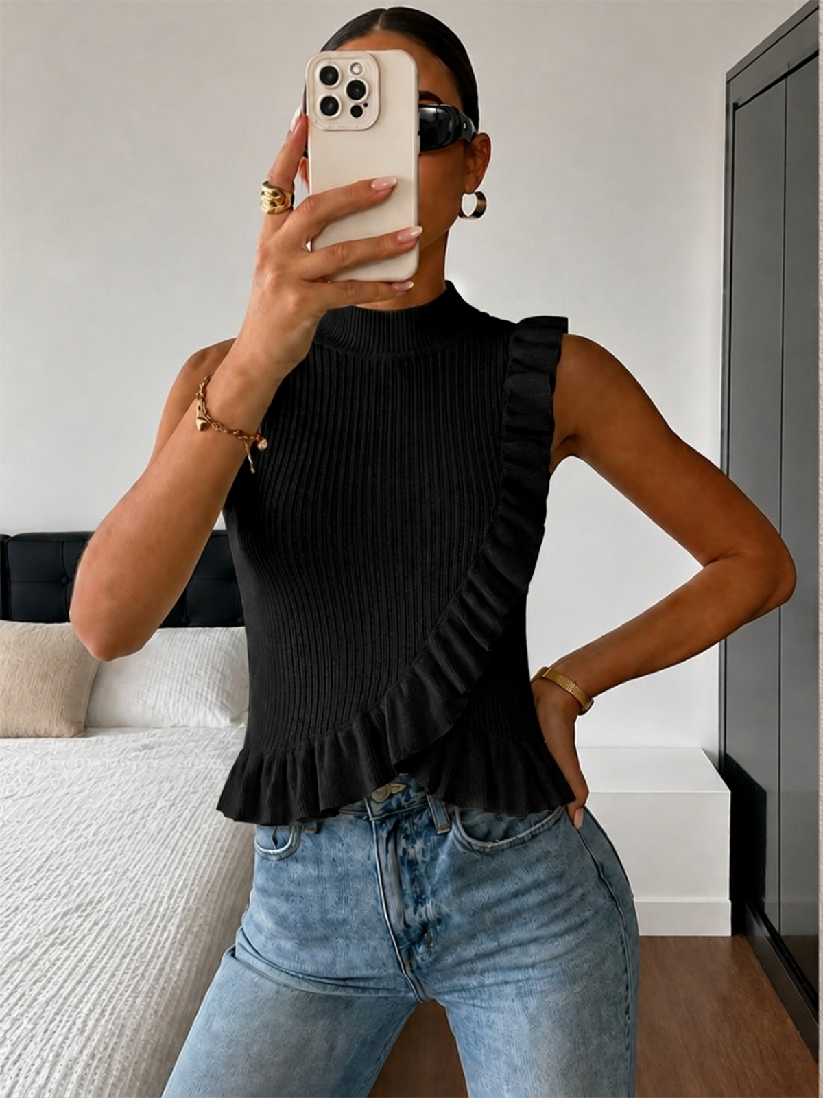 Ribbed High Neck Ruffle Sleeveless Top for Women Casual Wear