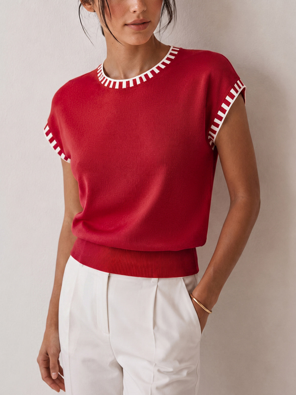 Contrast Trim Cap Sleeve Knit Top Casual Women's Everyday Wear