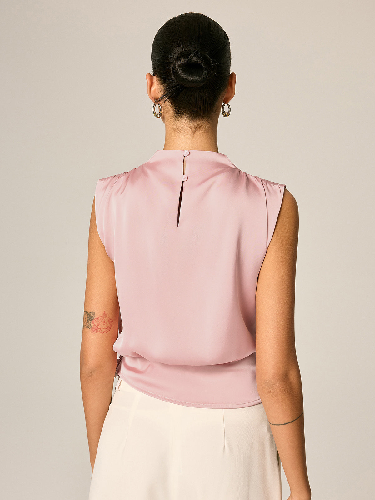 Draped Satin Tie Waist Sleeveless Blouse Elegant V-Neck Summer Top