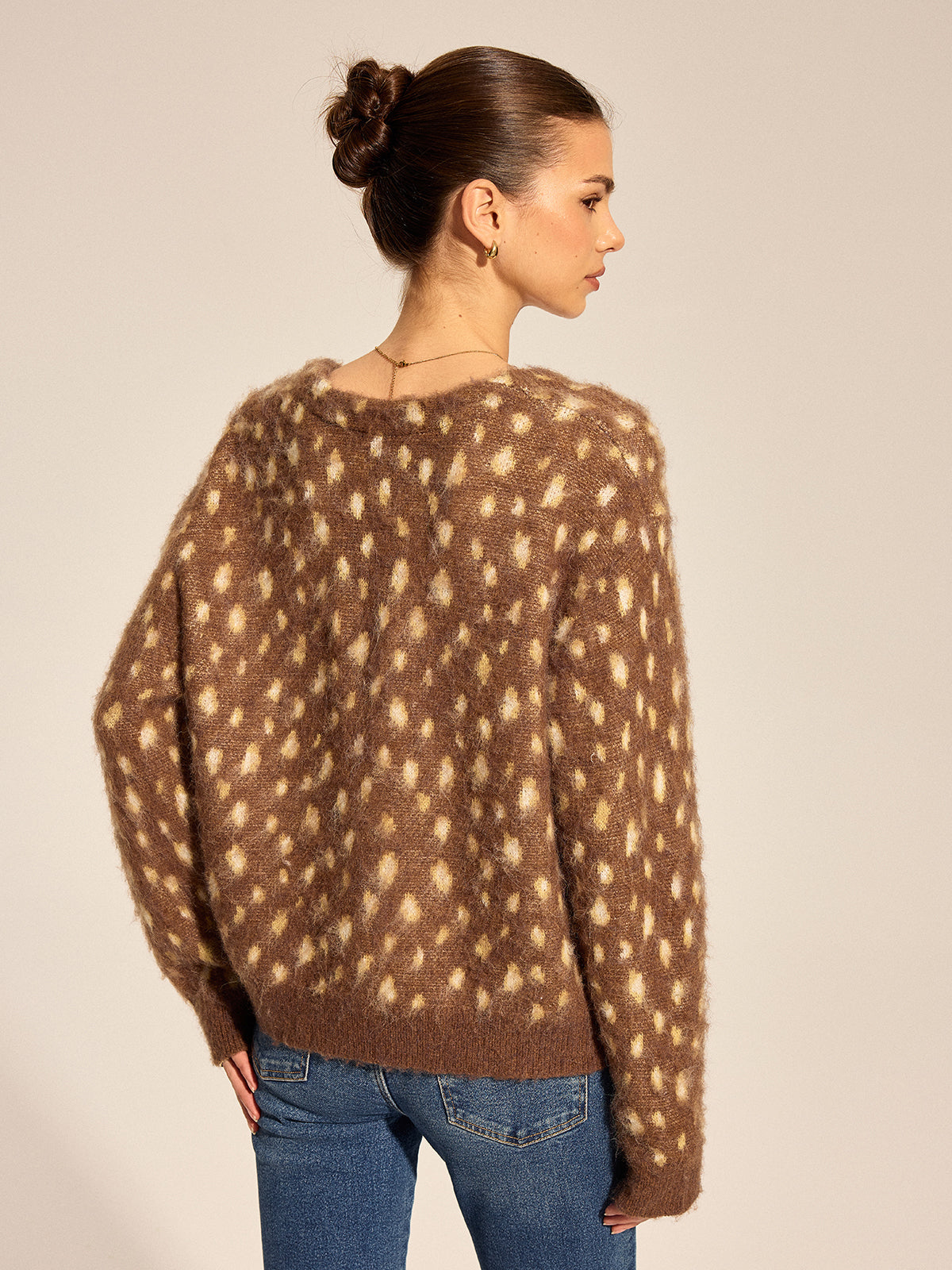 V Neck Spotted Fluffy Knit Cardigan Women's Cozy Winter Wear