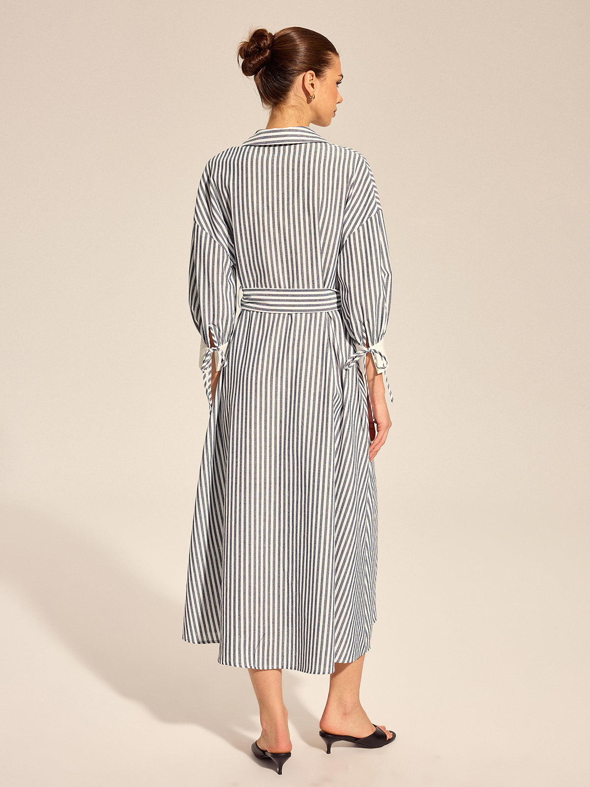 Striped Belted Tie Cuff Shirt Midi Dress Women's Casual Fashion