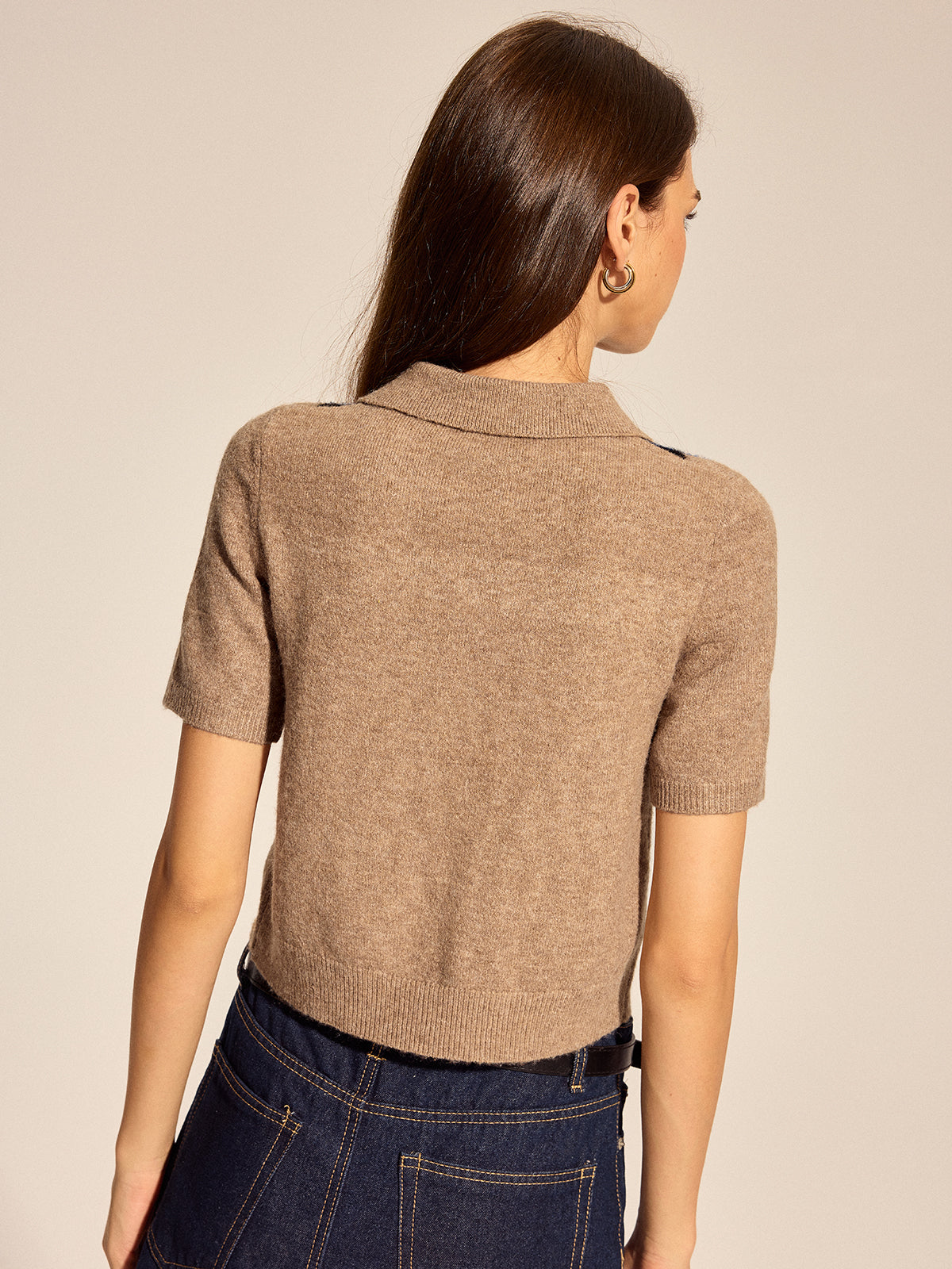 Argyle Short Sleeve Collared Knit Cardigan, Stylish Casual Spring Outerwear