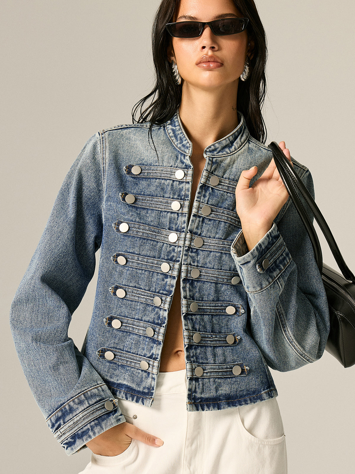 Napoleon Style Stand Collar Men's Casual Denim Jacket with Button Closure