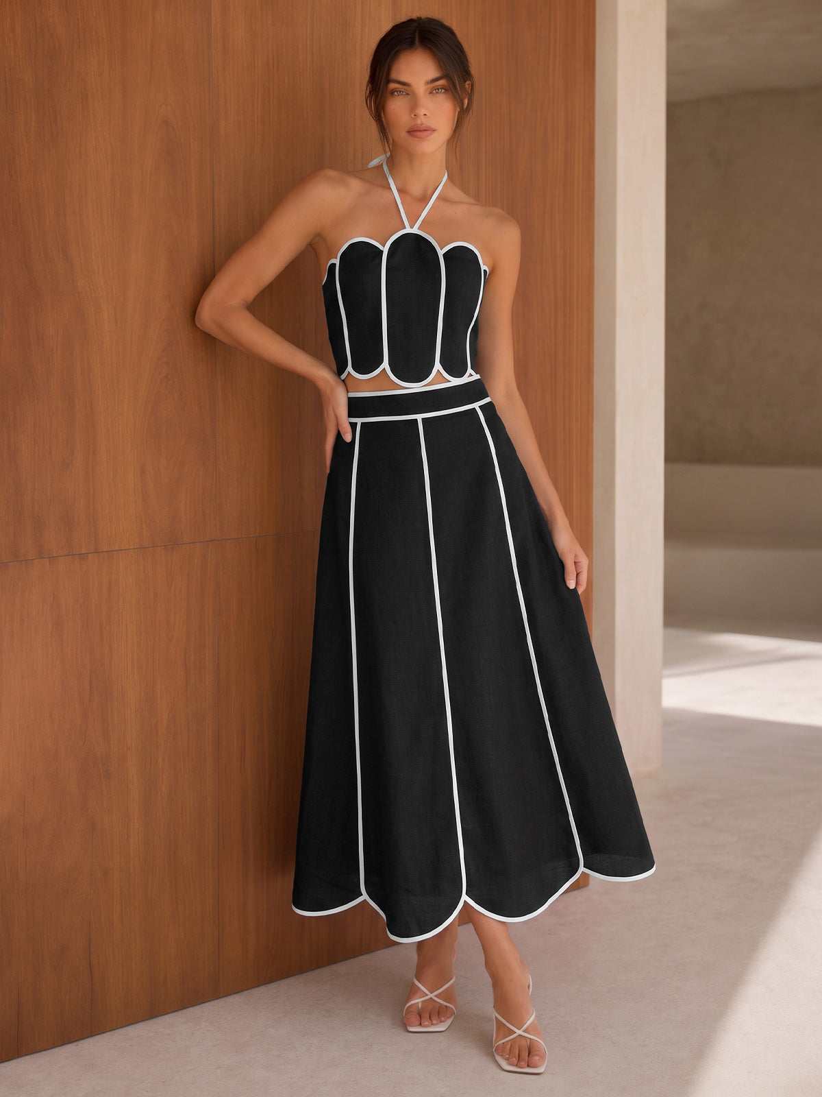 Scallop Trim Halter Crop Top & High-Waisted Skirt Set for Women