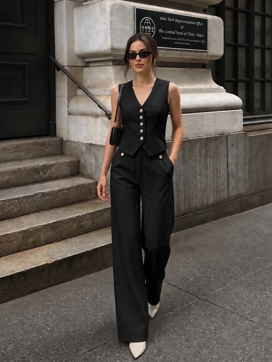 V-neck button-front cropped fitted vest and wide-leg trousers set, stylish women's business casual attire