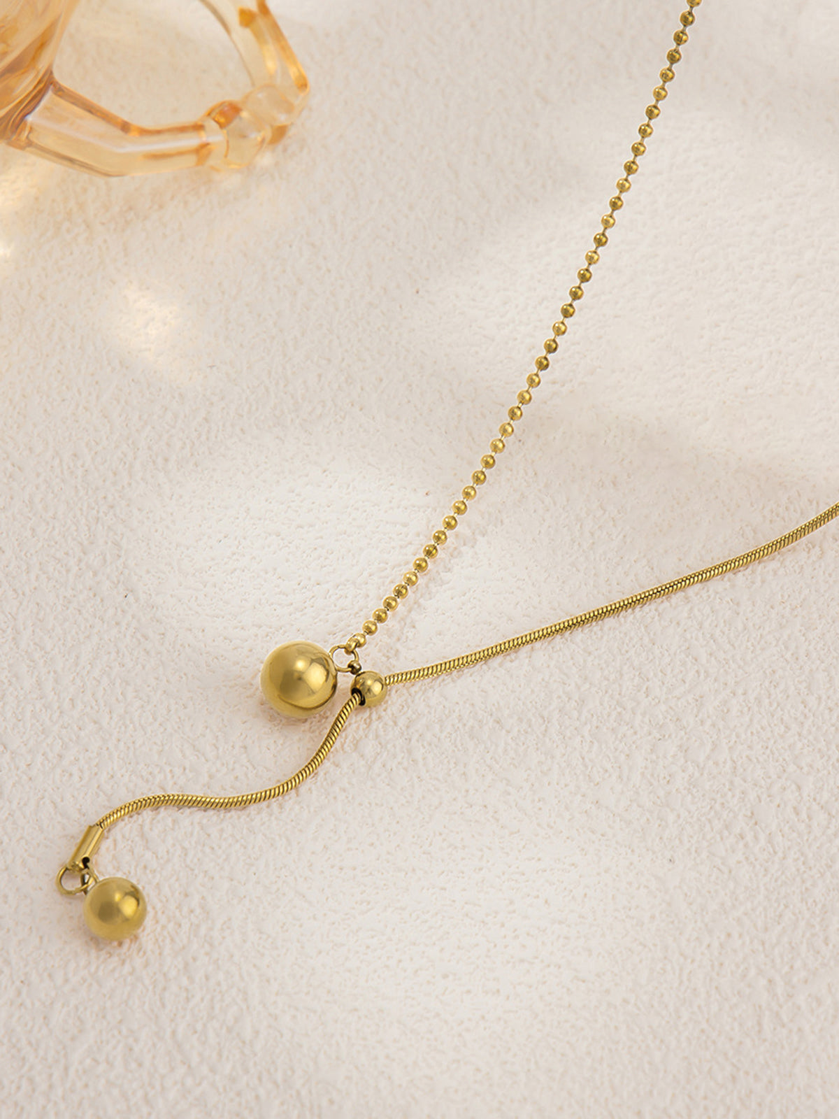 Two Ball Slider Lariat Gold Y Necklace, Elegant Adjustable Chain Design