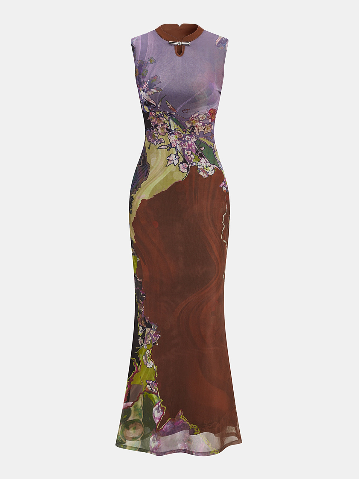 Sleeveless Floral Cheongsam Maxi Dress for Women Elegant Style