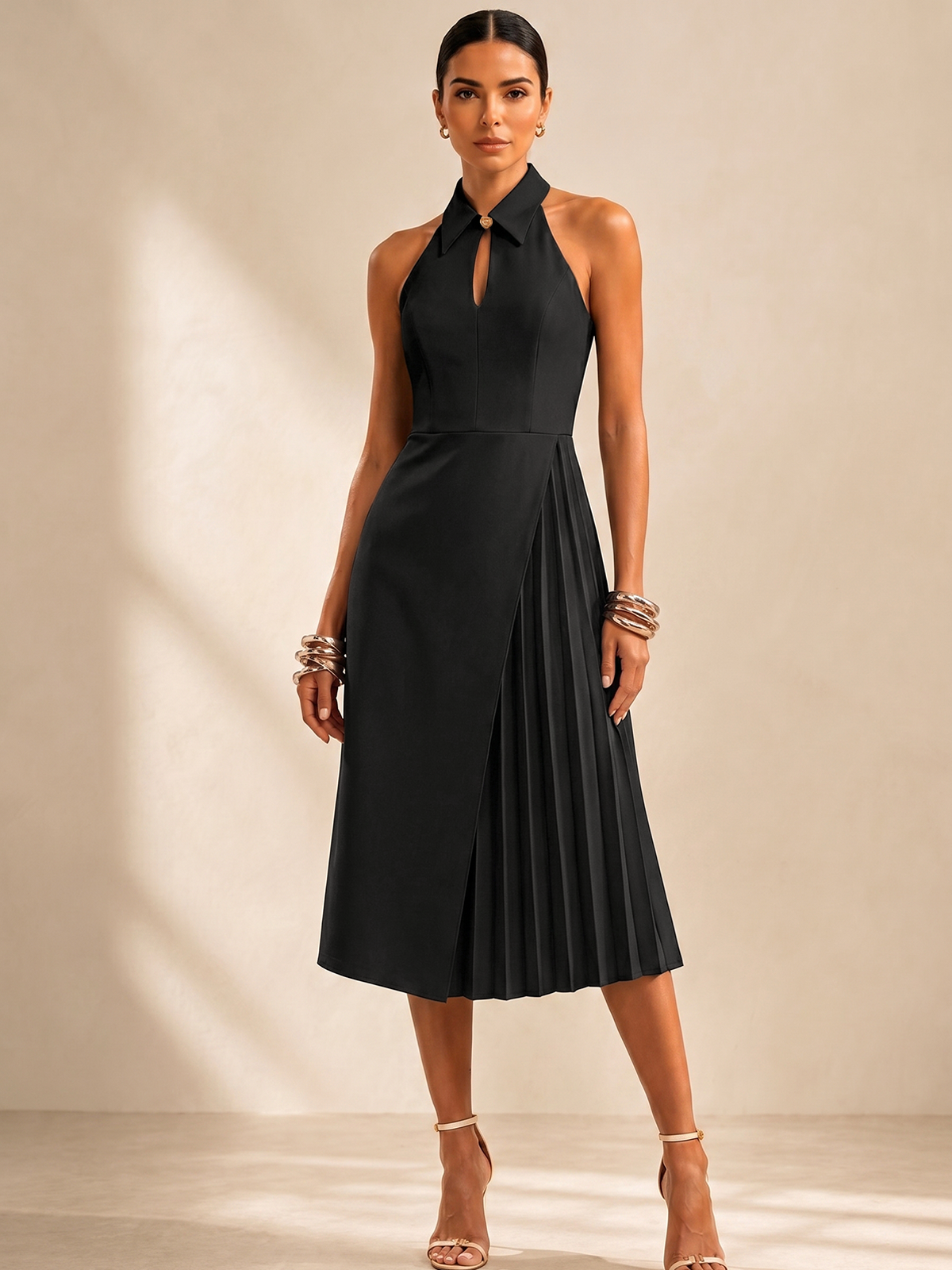 Keyhole Collared Pleated Midi Dress for Women with Belt Detail