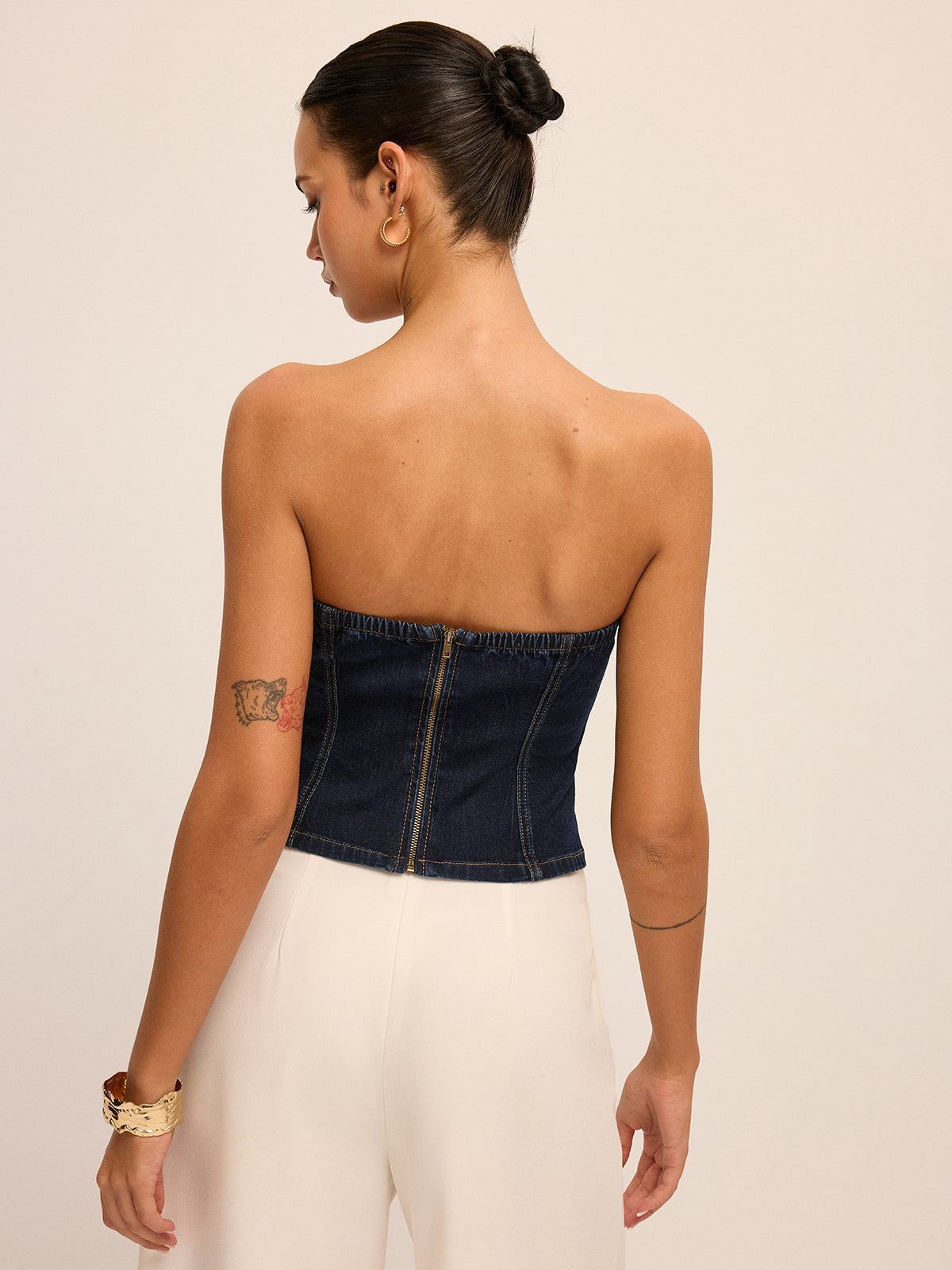 Metal Detail Strapless Denim Corset Top with Lace-Up Back