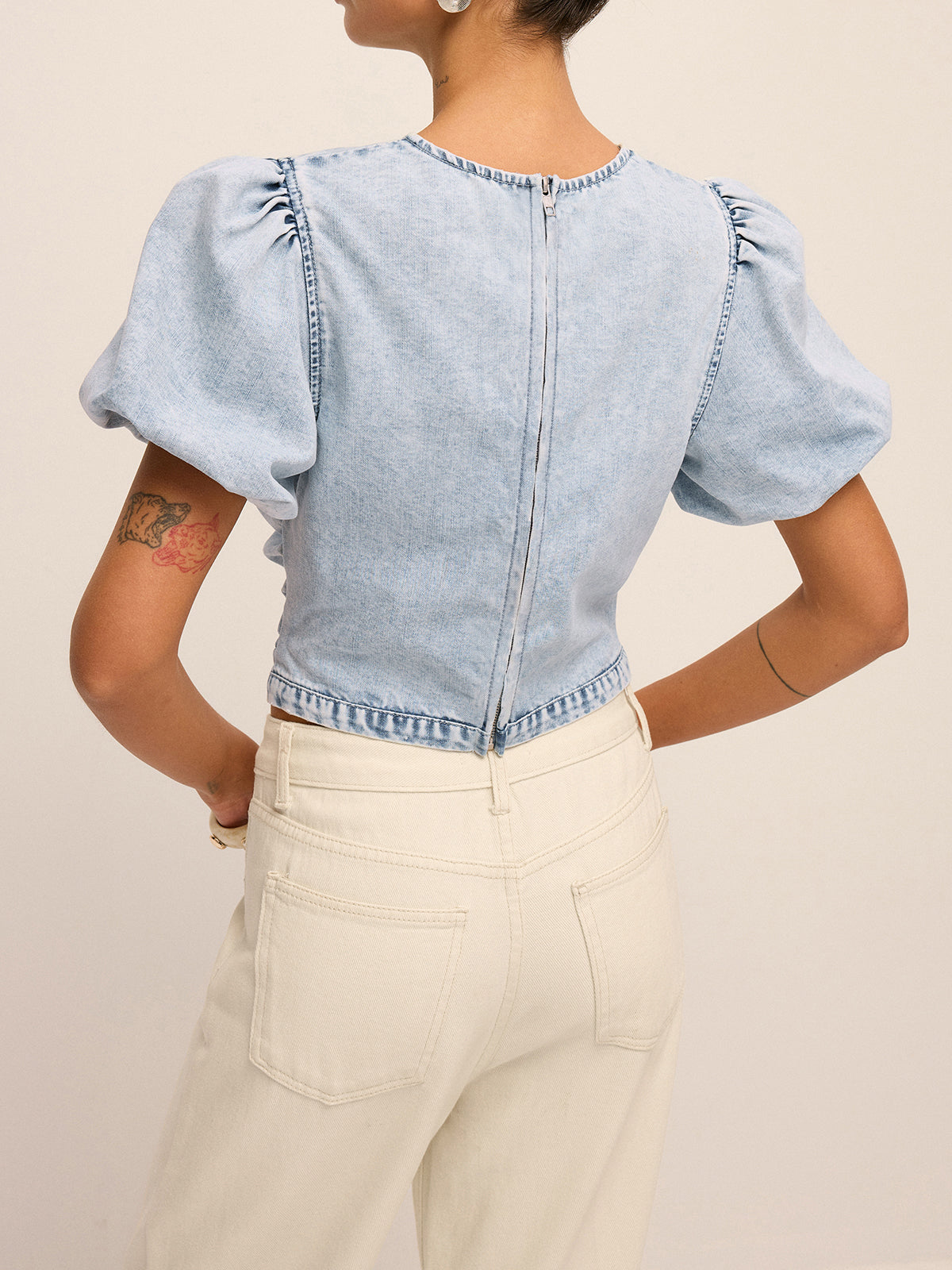Ruched Puff Sleeve Embroidered Denim Top Trendy Casual Women's Blouse