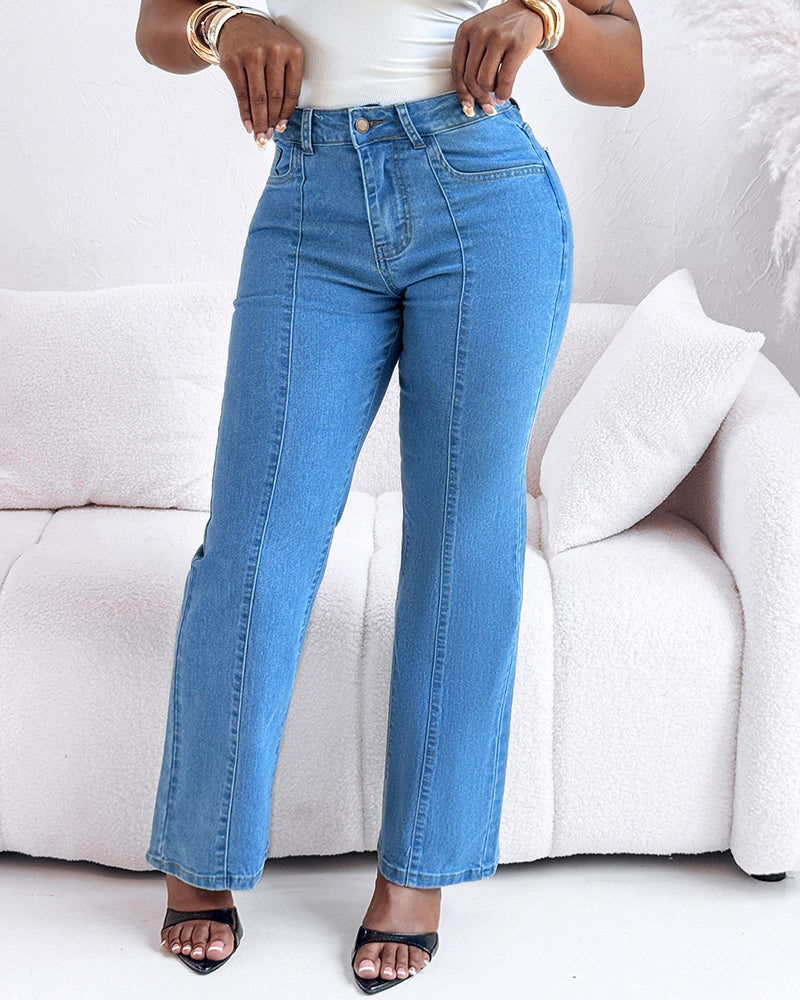 High Waist Straight Leg Seam Front Zip Casual Jeans in blue with white top.
