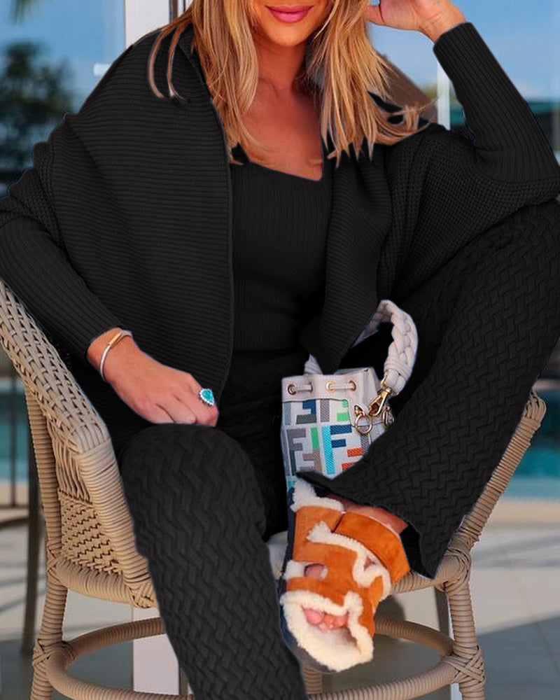 KOAD'CLO Casual Open Front Cardigan with Batwing Sleeves styled with black loungewear pants.