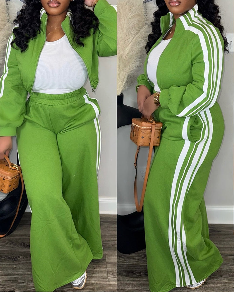 Green Zip Crop Jacket and Wide-Leg Pants with white stripes, over white tank.