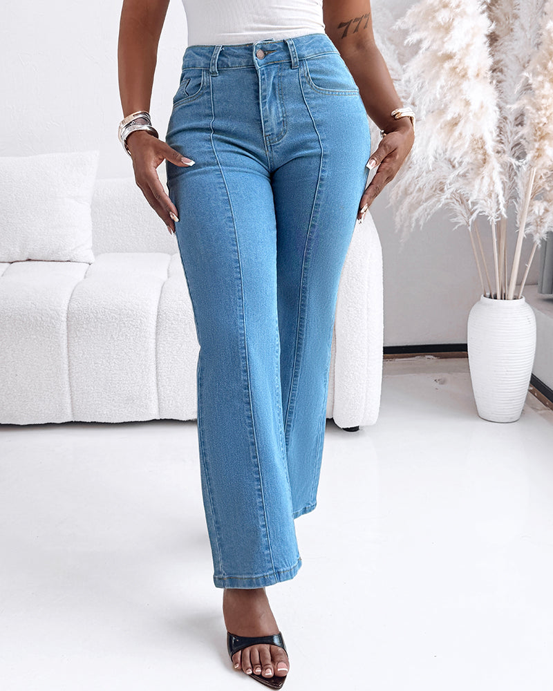 High Waist Straight Leg Seam Front Zip Casual Jeans paired with black open-toe heels.