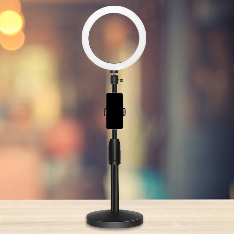 Koadclo | Minimalist Circular Makeup Lamp – USB LED Fill Light with Metal Phone Holder, Black