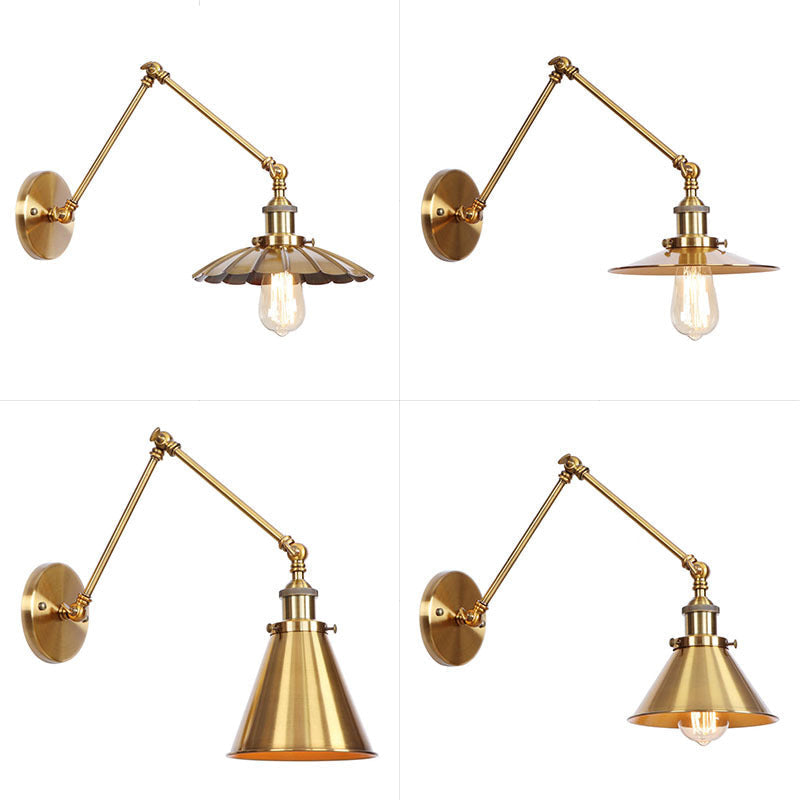 koadclo | Iron Brass Wall Lighting – Antique Swing Arm Wall Lamp with Scalloped/Horn/Cone Shade (6" / 8" Width)