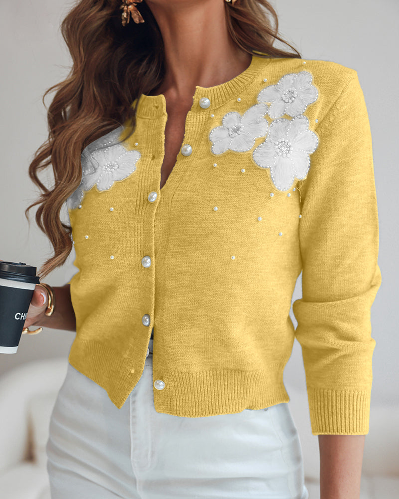 Single-Breasted Knit Cardigan with Floral Applique and Pearl Adornments