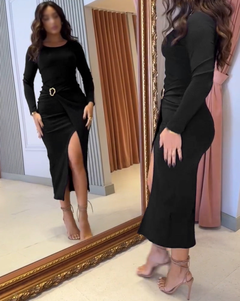 ribbed wrap dress with cinched waist and mid-length ring detail.