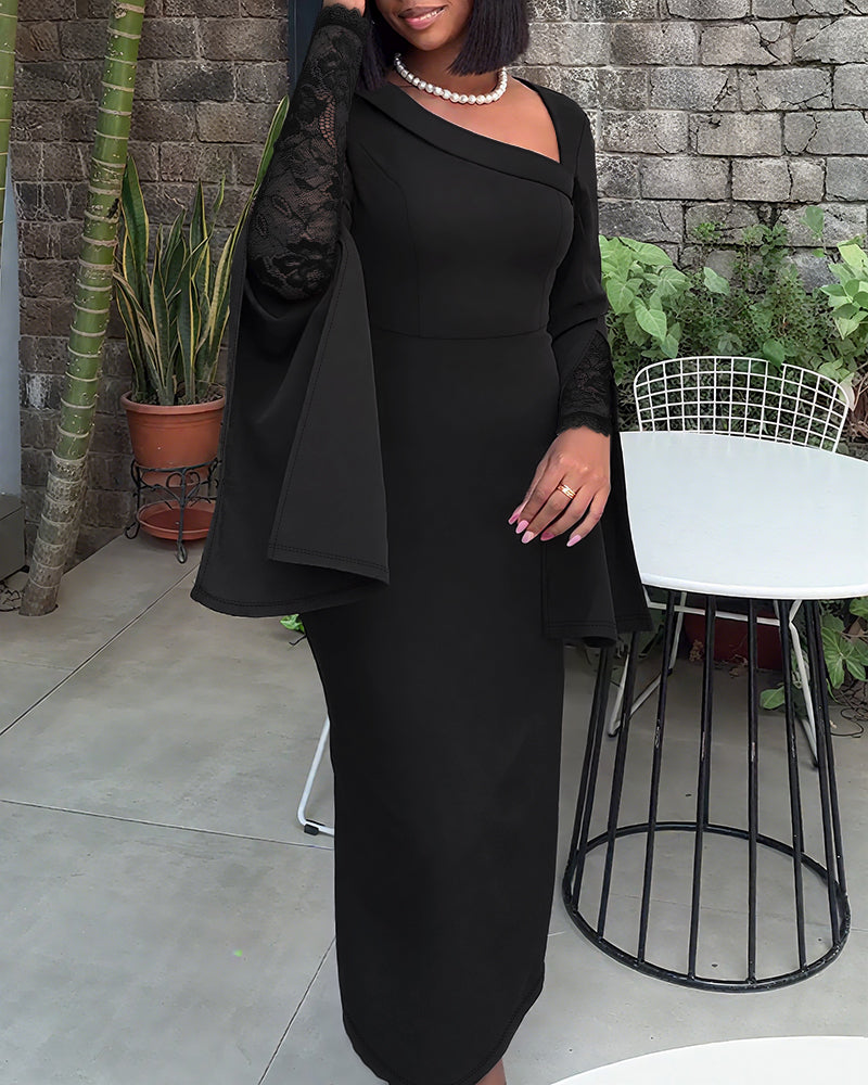 Asymmetrical Lace Dress with Split Sleeves and Back Zipper