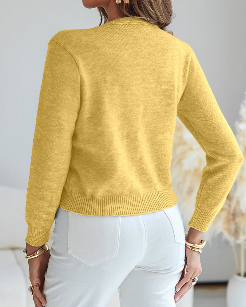 Single-Breasted Knit Cardigan with Floral Applique and Pearl Adornments