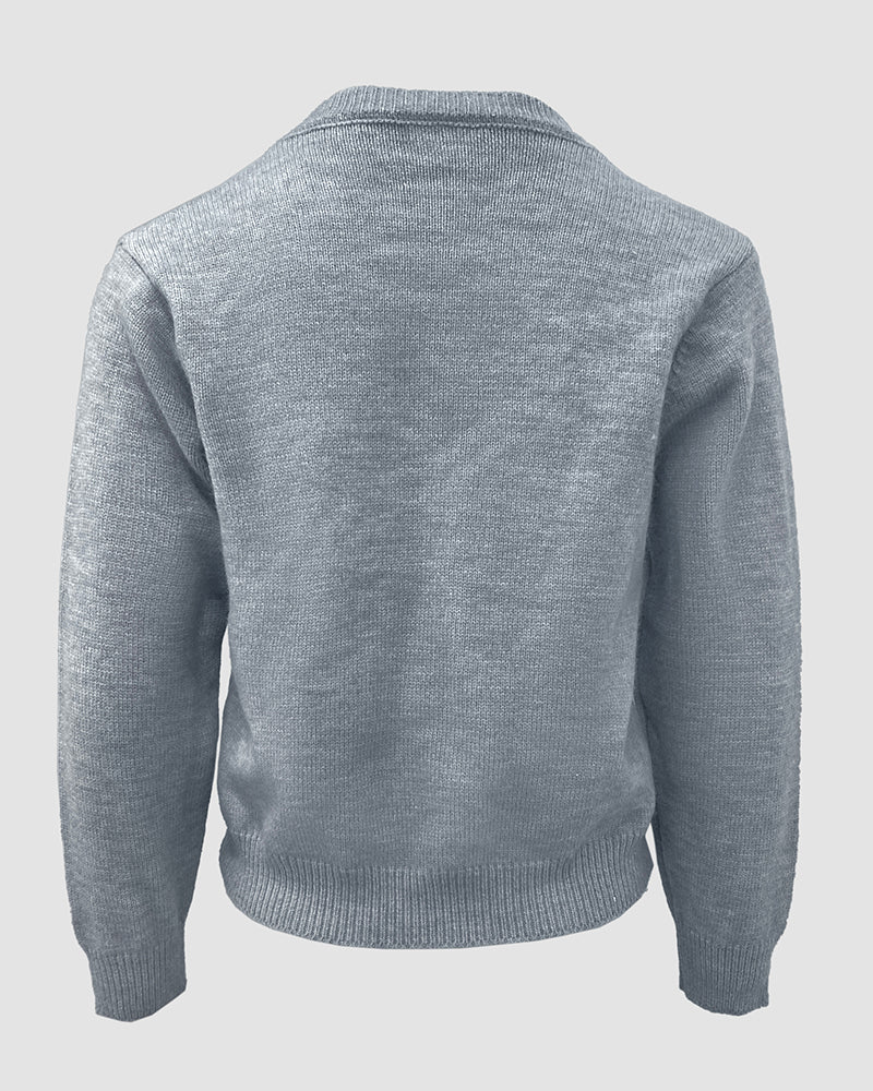 Single-Breasted Knit Cardigan with Floral Applique and Pearl Adornments