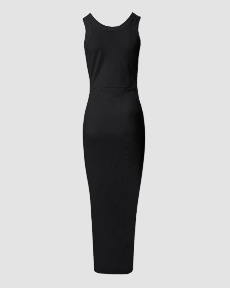Side Slit Sleeveless Ribbed Maxi Dress with Drawstring Ruching