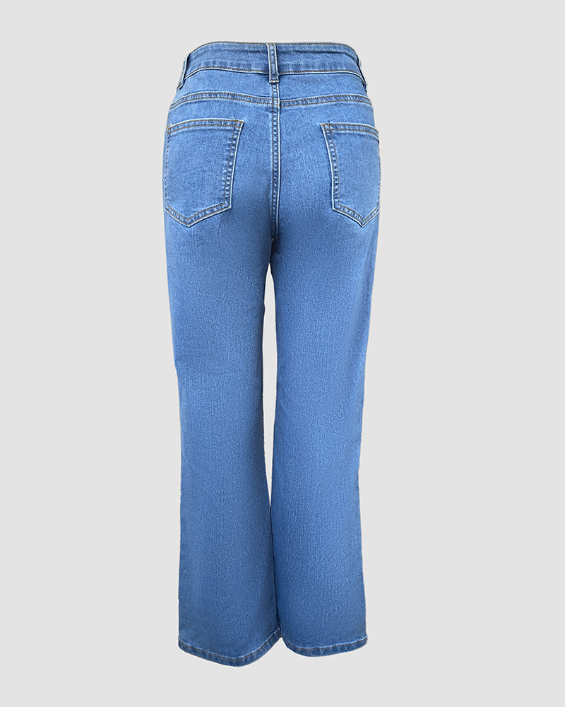 High Waist Straight Leg Seam Front Zip Casual Jeans