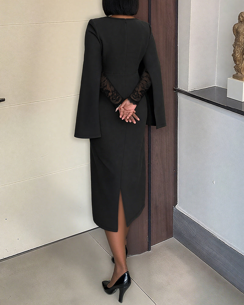 Asymmetrical Lace Dress with Split Sleeves and Back Zipper
